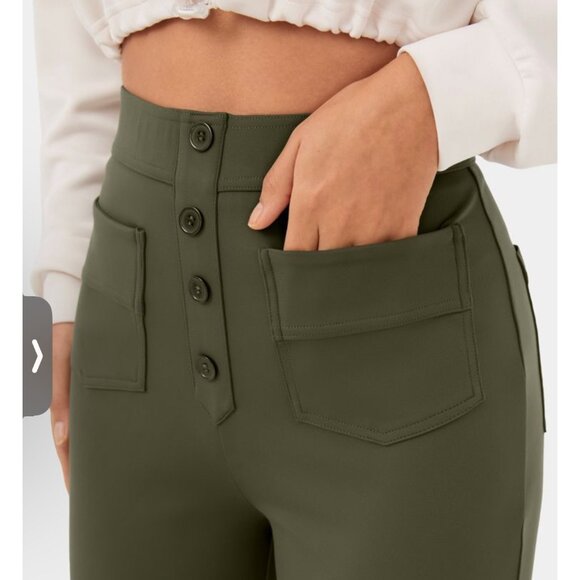 Halara High Waisted Straight Leg Sz Small Tall Womens Green Button Multi Pockets - Picture 7 of 14